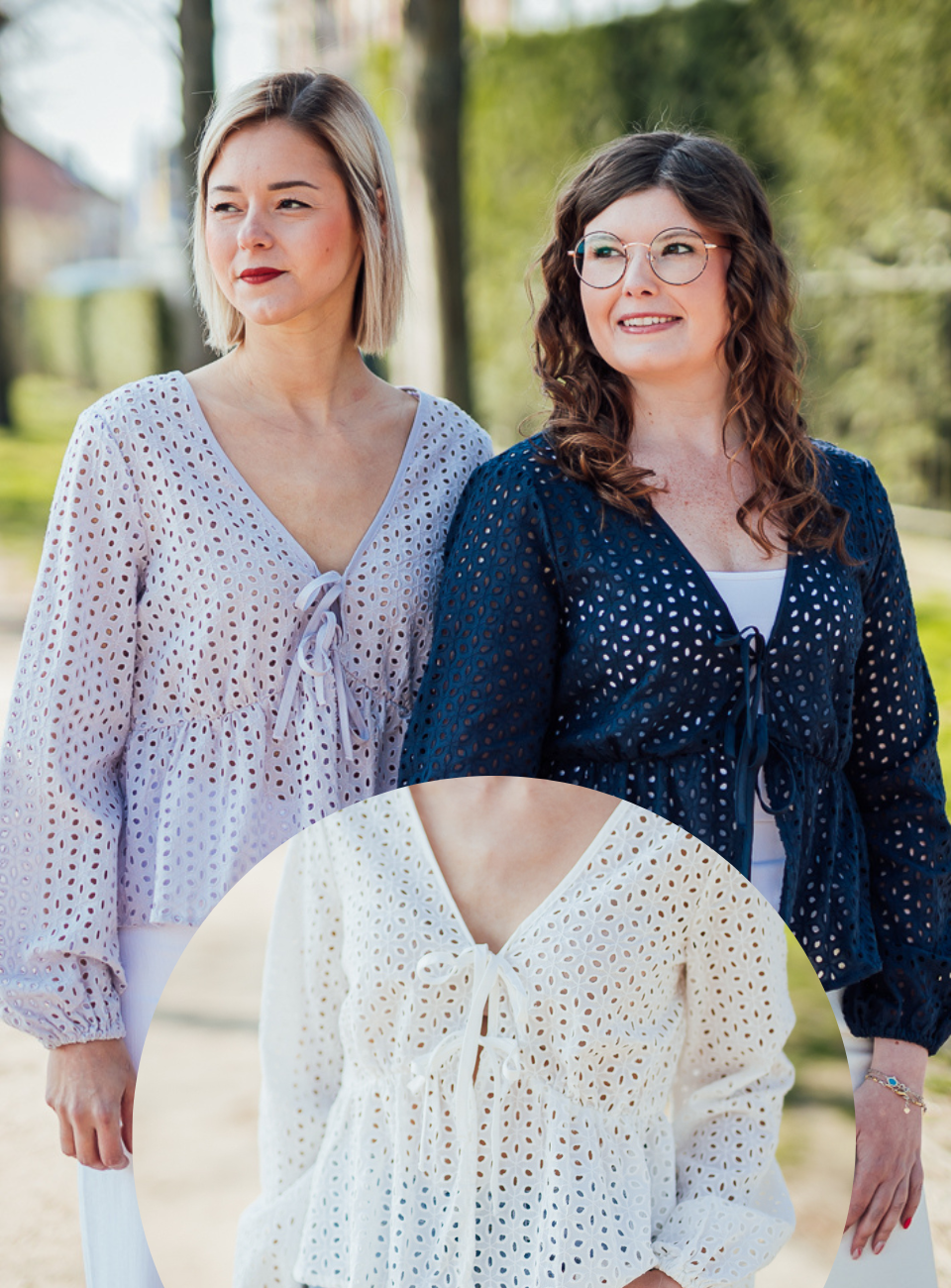 Sunny anglaise tie top wit, donkerblauw of lila